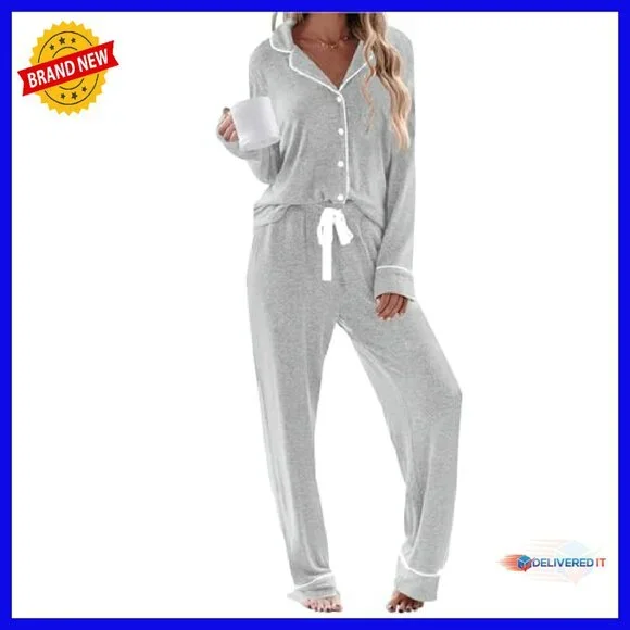 Soft Viscose Long Sleeve Pajama Set with Pockets Button Down Lounge